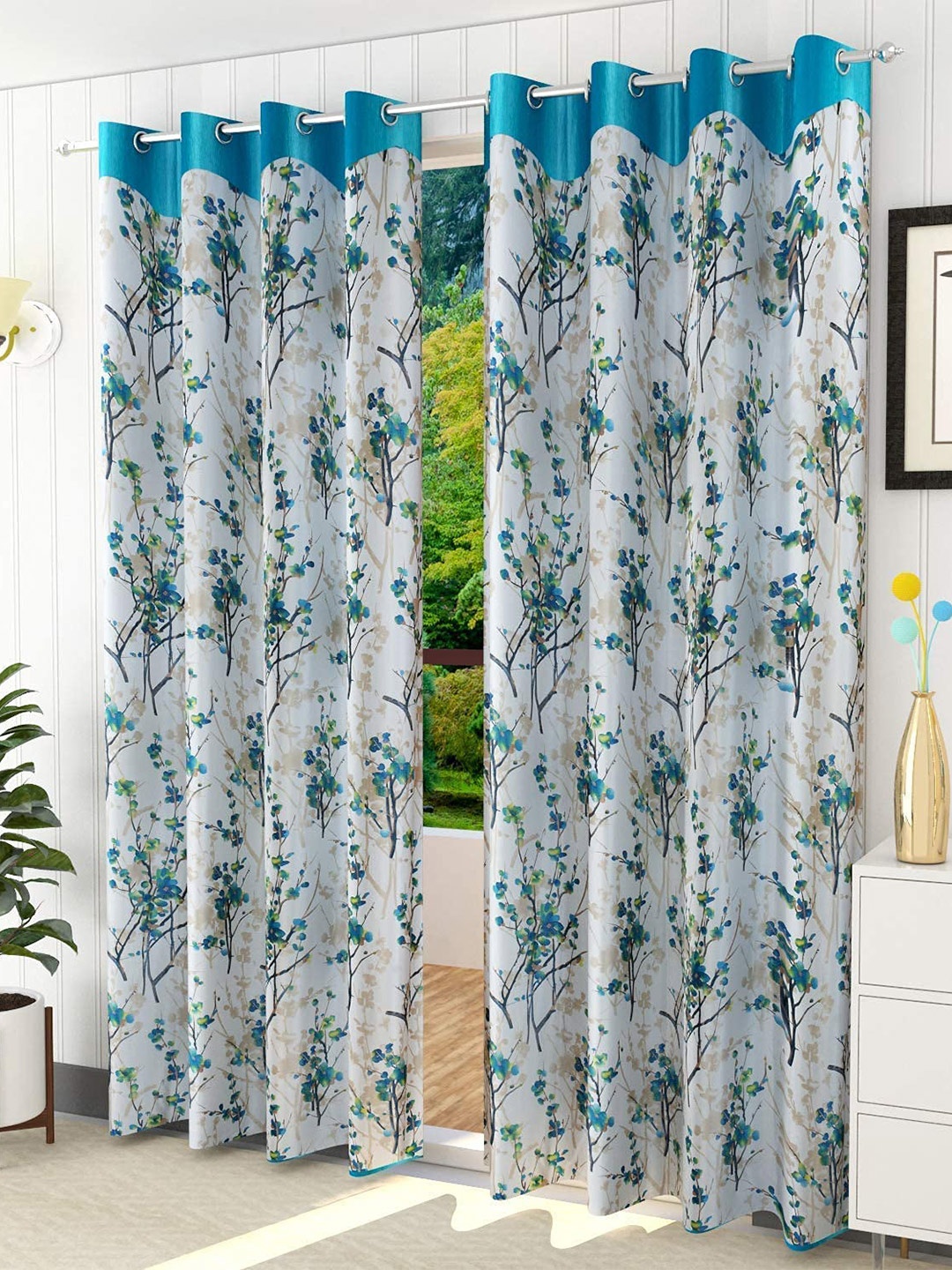 Ultica Fab Sea Green & White 2 Pieces Floral Room Darkening Door Curtain