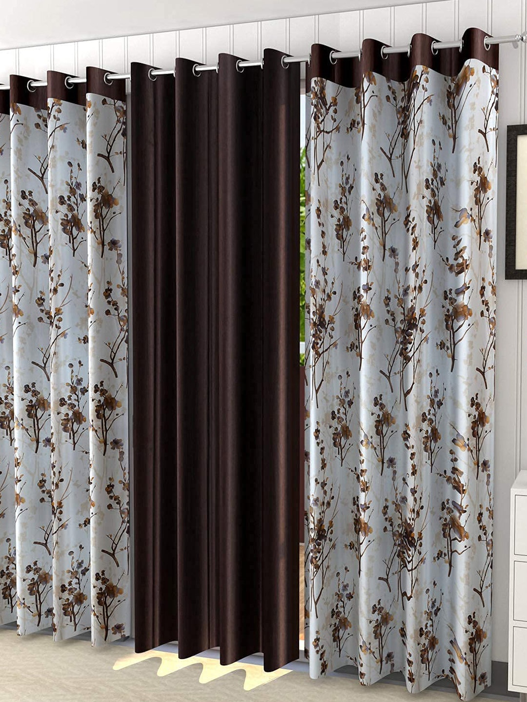 Ultica Fab Coffee Brown & White 3 Pieces Floral Room Darkening Door Curtains
