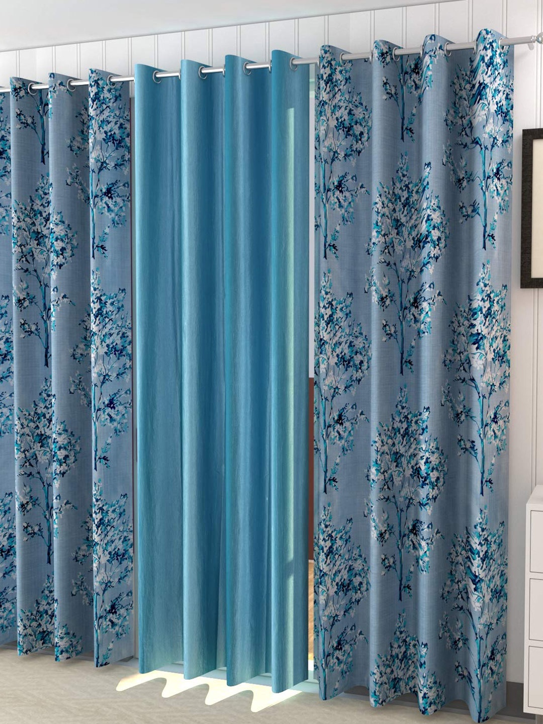 Ultica Fab Blue & Purple 3 Pieces Floral Room Darkening Door Curtains