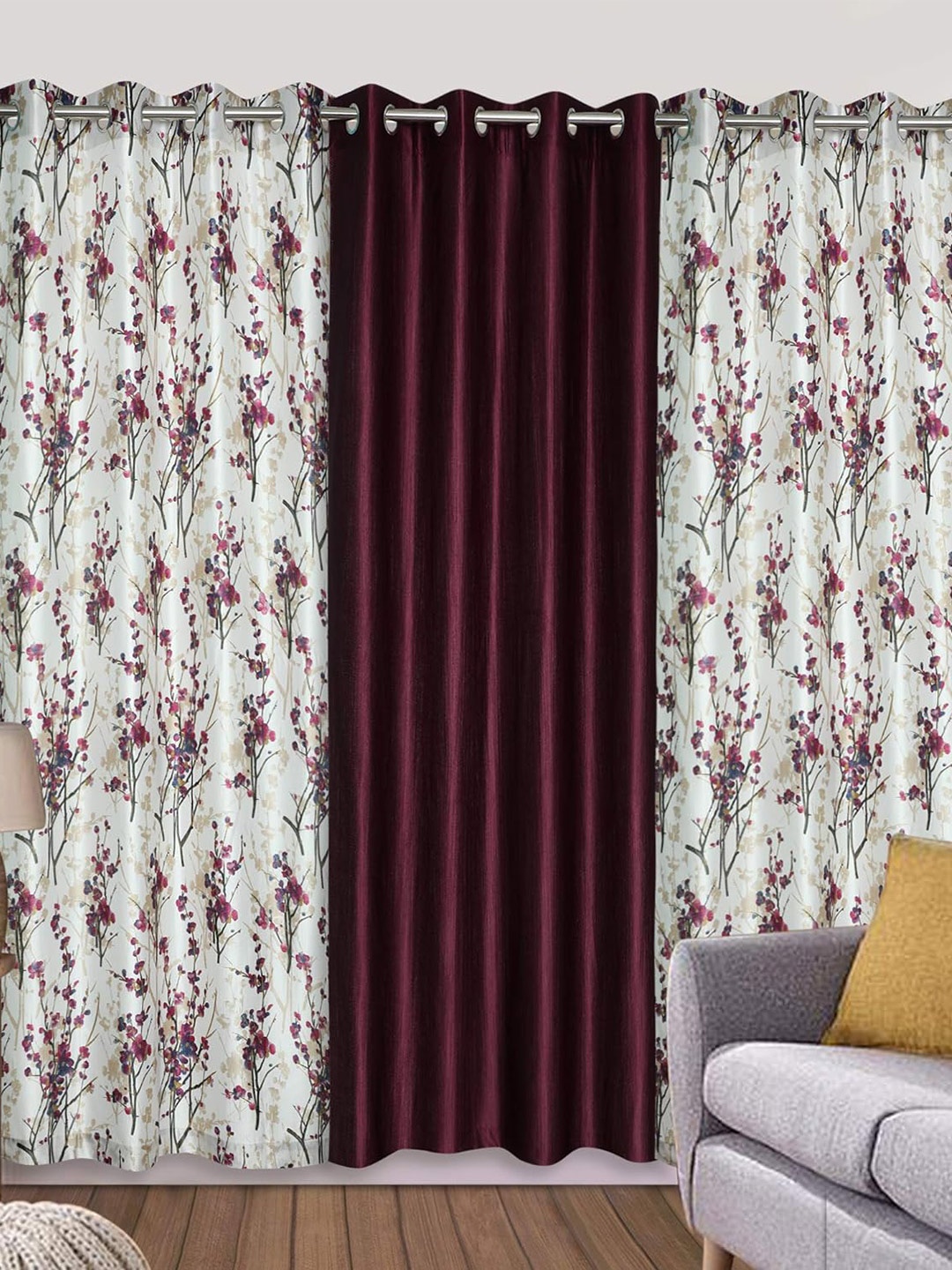 Ultica Fab Burgundy & White 3 Pieces Floral Printed Room Darkening Long Door Curtains