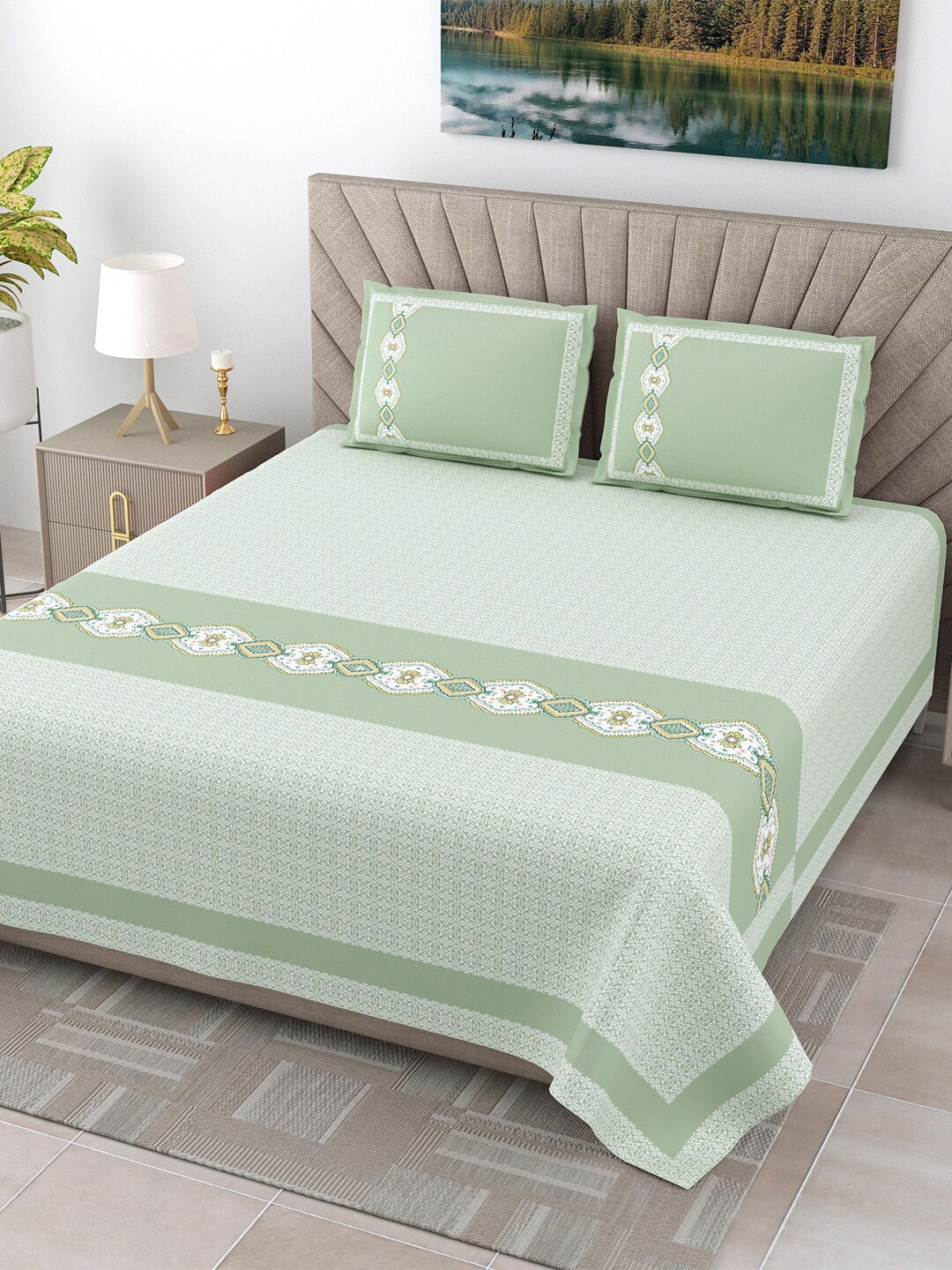 JAIPUR FABRIC Green & White Ethnic Motifs Cotton 300 TC King Bedsheet with 2 Pillow Covers
JAIPUR FABRIC Green & White Ethnic Motifs Cotton 300 TC King Bedsheet with 2 Pillow Covers