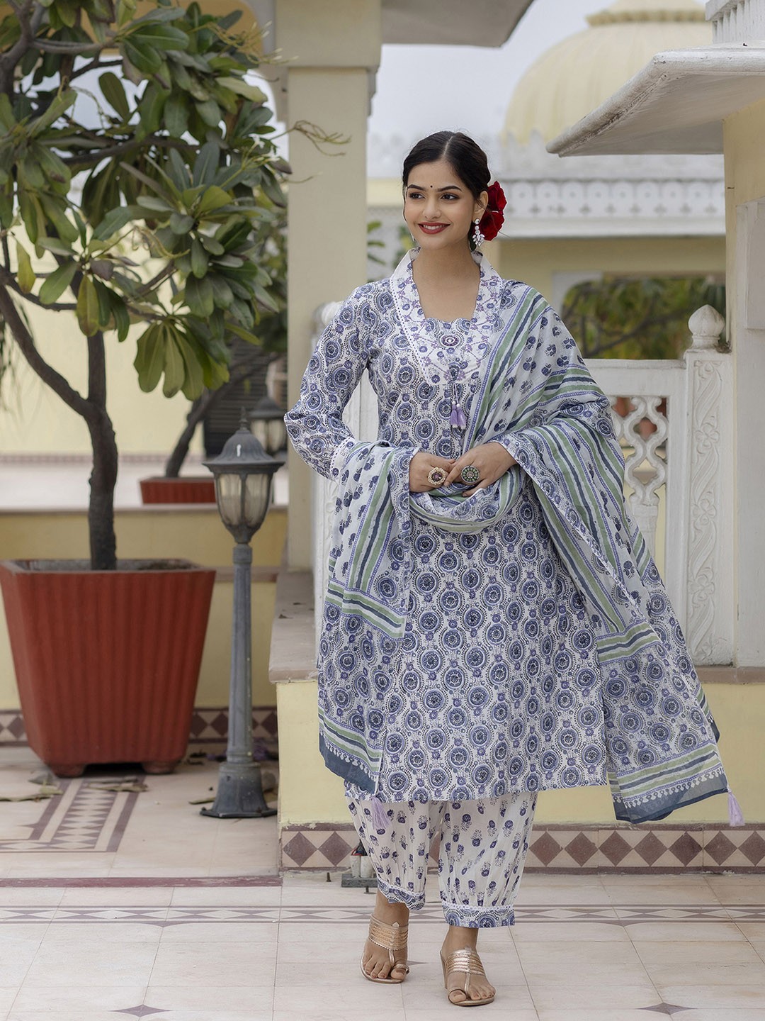 KALINI Floral Printed Mirror Work Pure Cotton Kurta with Patiala & Dupatta, Blue
KALINI Floral Printed Mirror Work Pure Cotton Kurta with Patiala & Dupatta, Blue