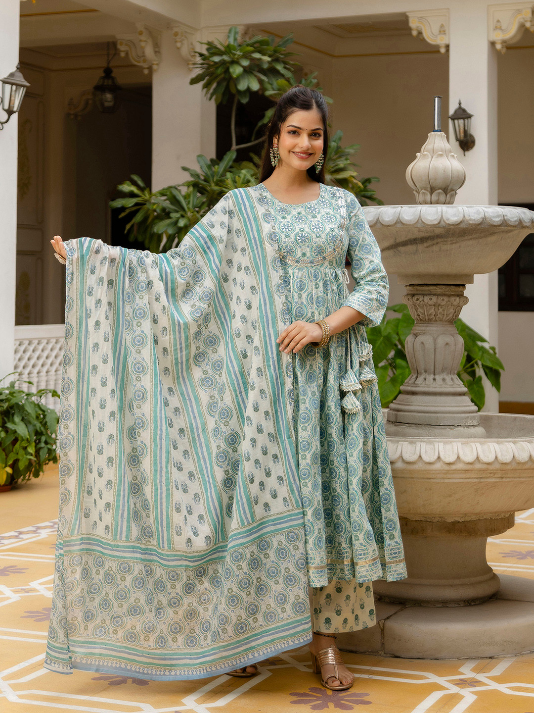 KALINI Floral Printed Empire Thread Work Pure Cotton Kurta With Trousers & Dupatta, Green
KALINI Floral Printed Empire Thread Work Pure Cotton Kurta With Trousers & Dupatta, Green