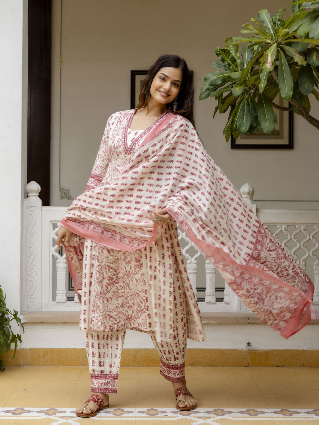 KALINI Floral Printed Mirror Work Pure Cotton Pleated Kurta With Patiala & Dupatta, Pink
KALINI Floral Printed Mirror Work Pure Cotton Pleated Kurta With Patiala & Dupatta, Pink