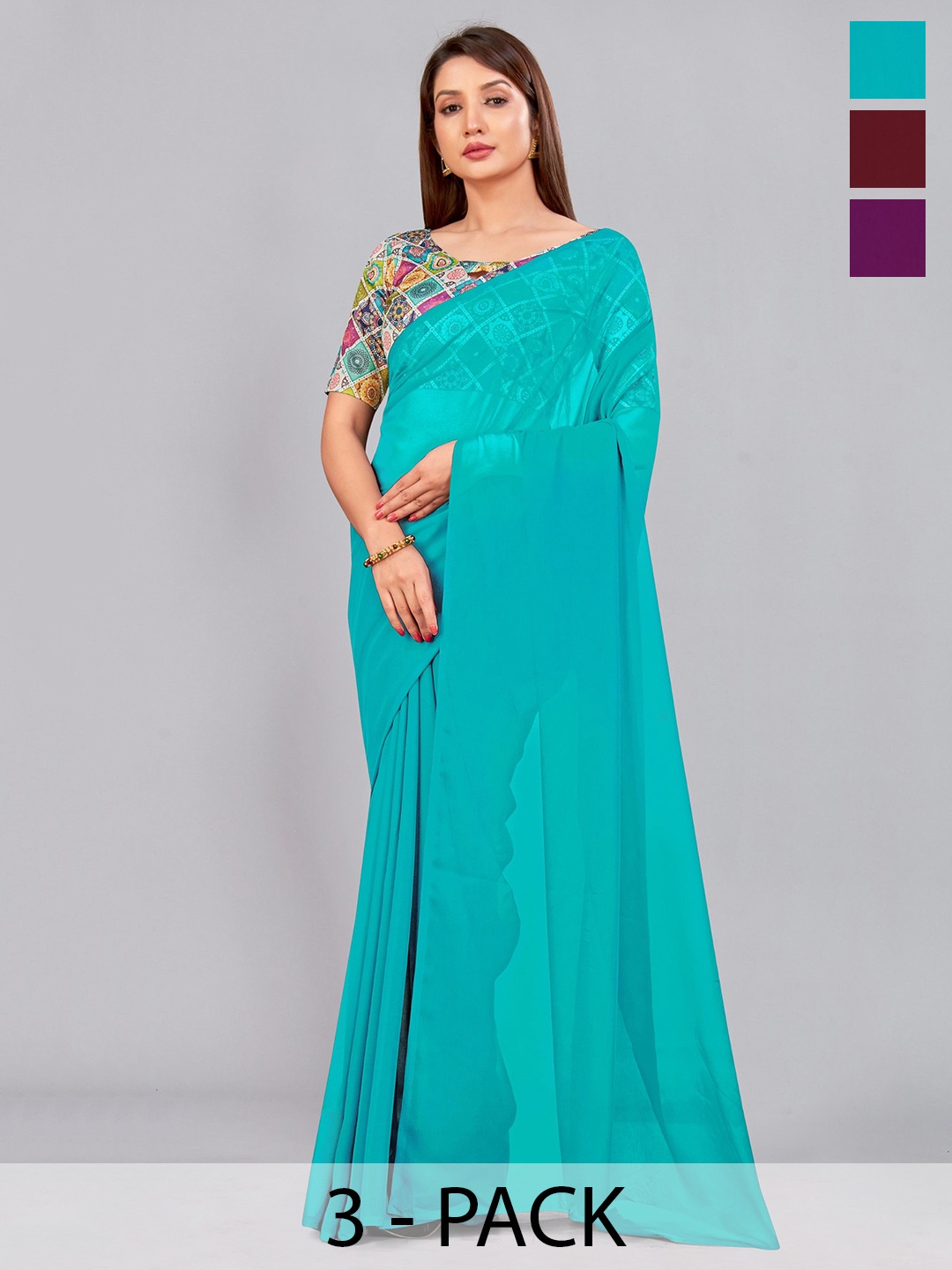 CastilloFab Selection Of 3 Pure Georgette Saree, Maroon