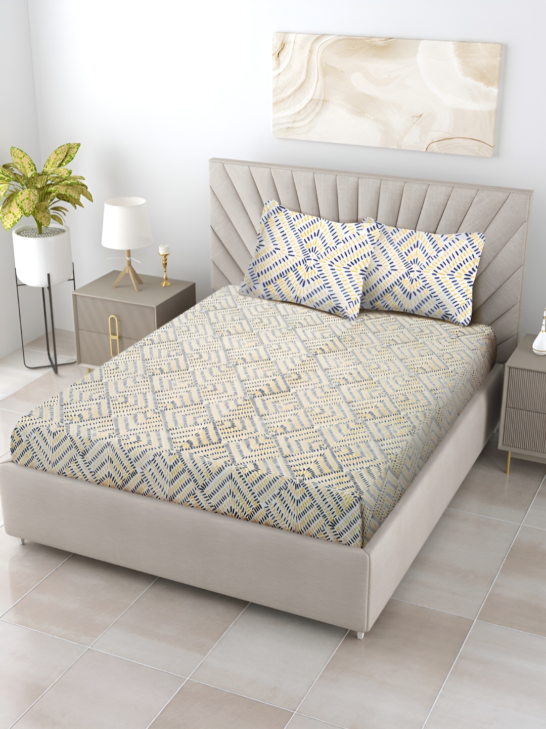 Ratan Cart Yellow & White Geometric 120 TC Cotton King Bedsheet With 2 Pillow Covers
Ratan Cart Yellow & White Geometric 120 TC Cotton King Bedsheet With 2 Pillow Covers