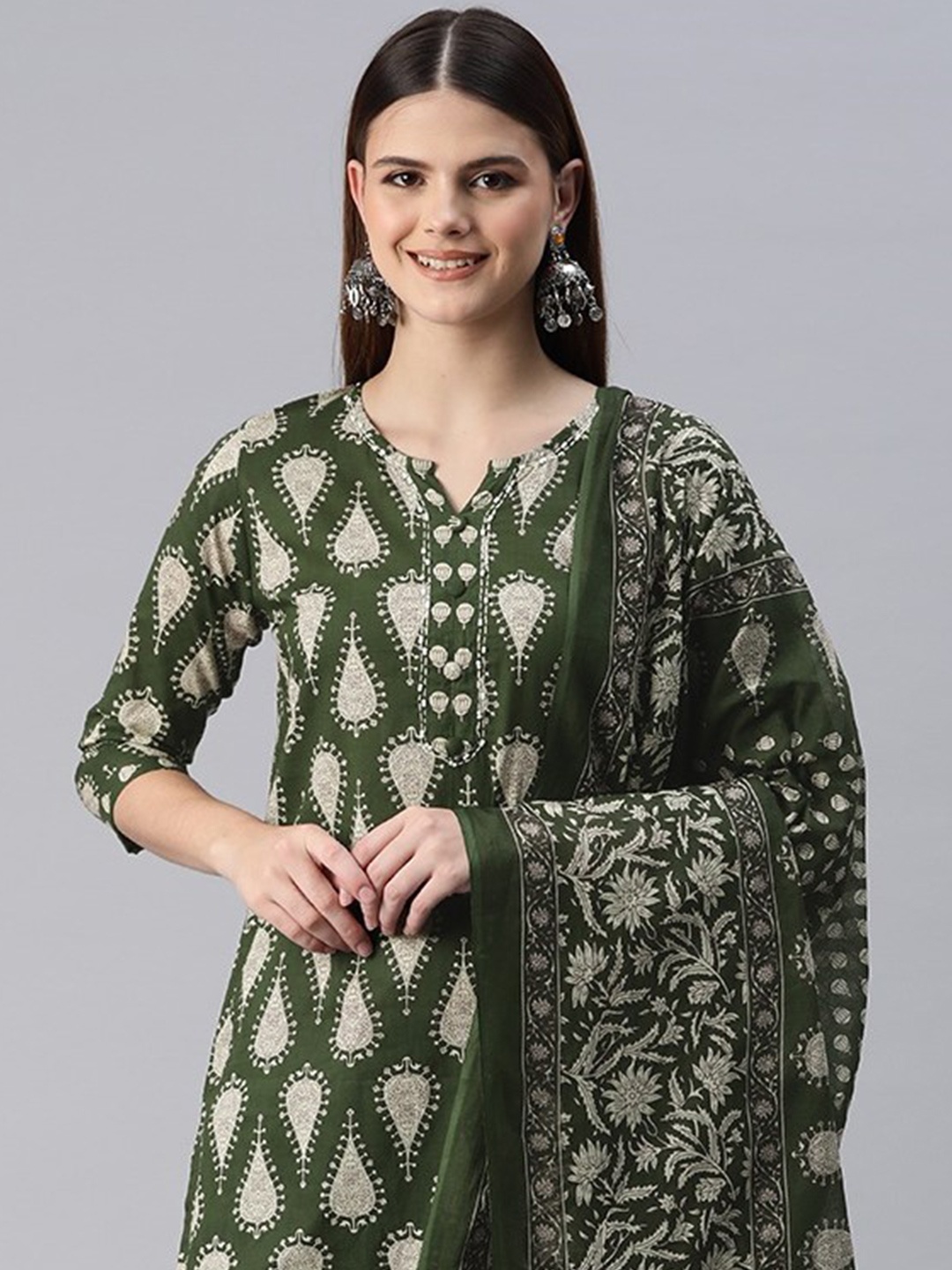 Readiprint Women Printed Thread Work Cotton Kurta with Trousers & With Dupatta, Green
Readiprint Women Printed Thread Work Cotton Kurta with Trousers & With Dupatta, Green