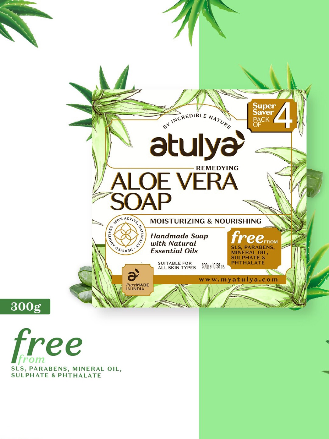 Atulya Set of 4 Remedying Aloe Vera Handmade Soap with Essential Oils - 75 g each, Green
Atulya Set of 4 Remedying Aloe Vera Handmade Soap with Essential Oils - 75 g each, Green