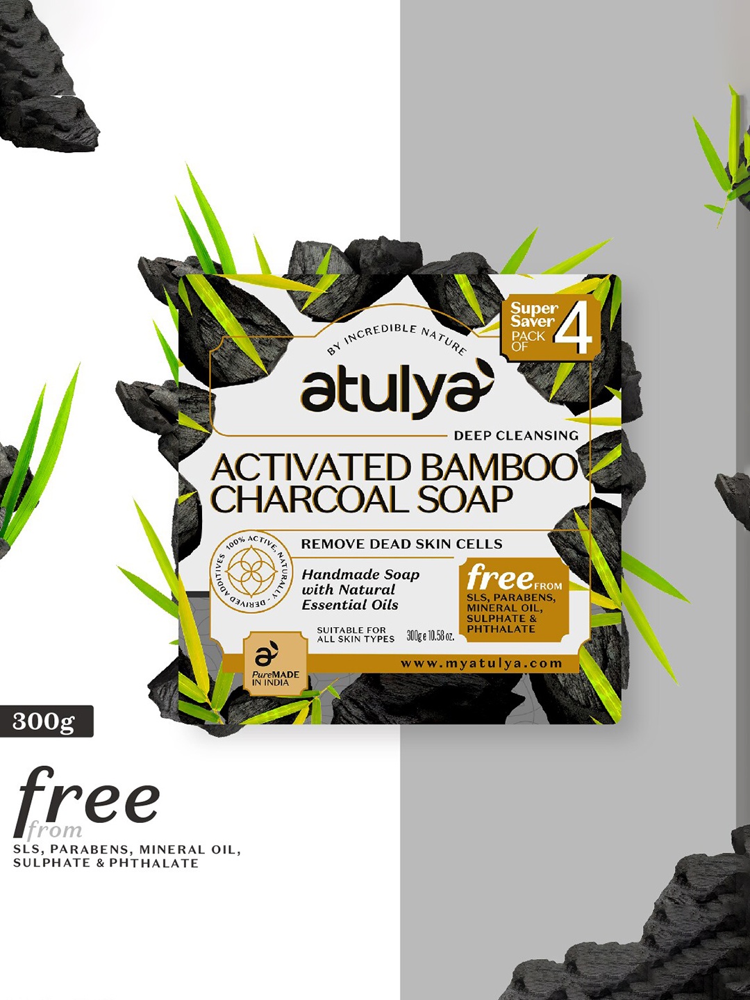 Atulya Set Of 4 Activated Charcoal Handmade Soap Removes Dead Skin Cells - 300g, Black
Atulya Set Of 4 Activated Charcoal Handmade Soap Removes Dead Skin Cells - 300g, Black