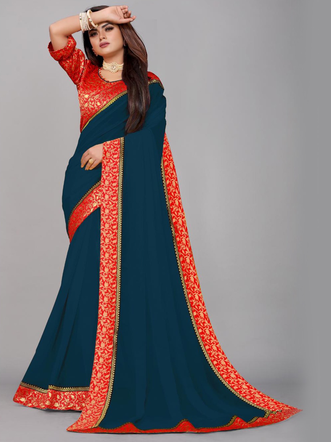 SM TRENDZ Zari Pure Georgette Saree, Blue