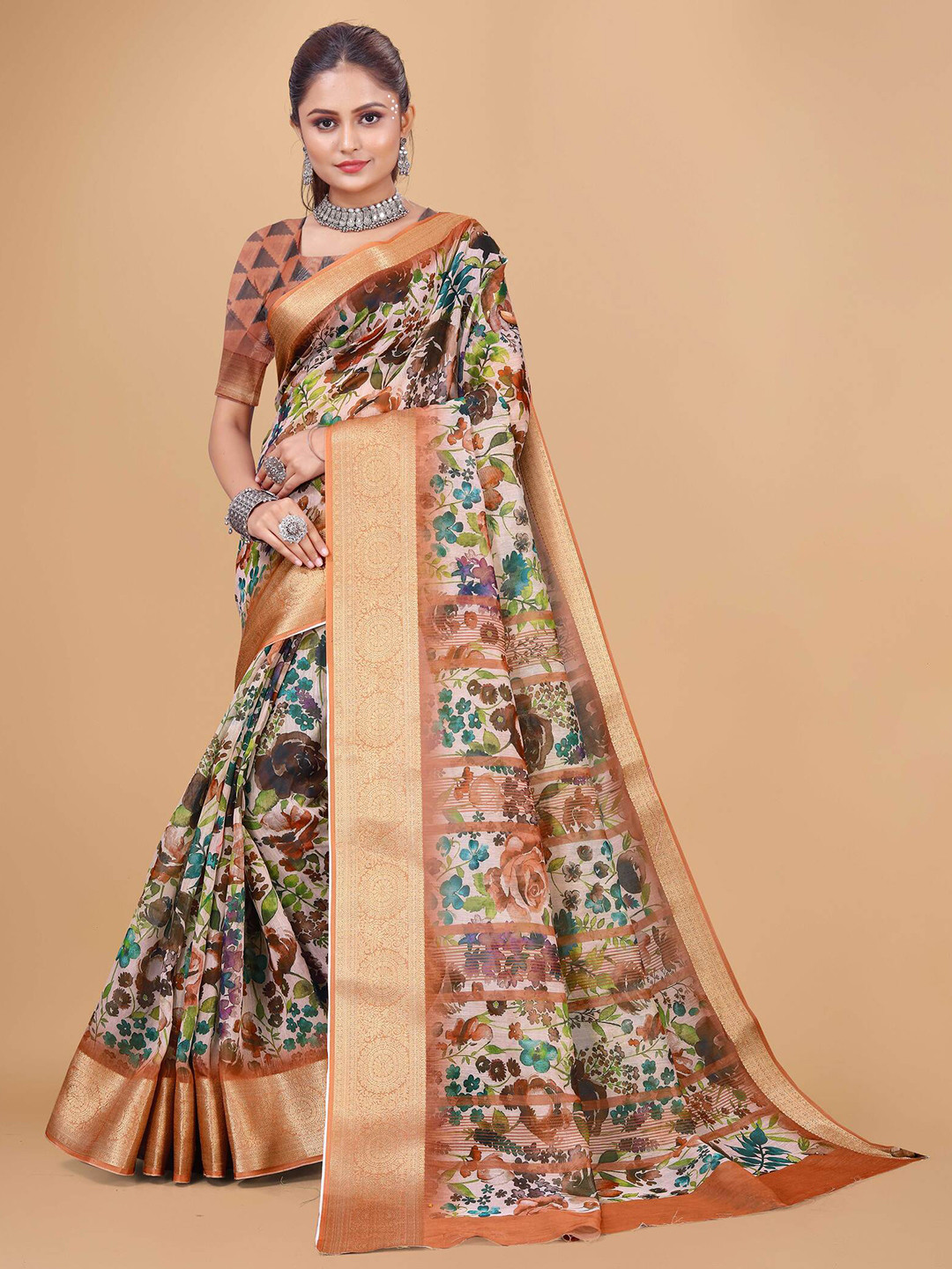 DRIZOMIZ Floral Printed Zari Pure Cotton Chanderi Saree, Brown
DRIZOMIZ Floral Printed Zari Pure Cotton Chanderi Saree, Brown