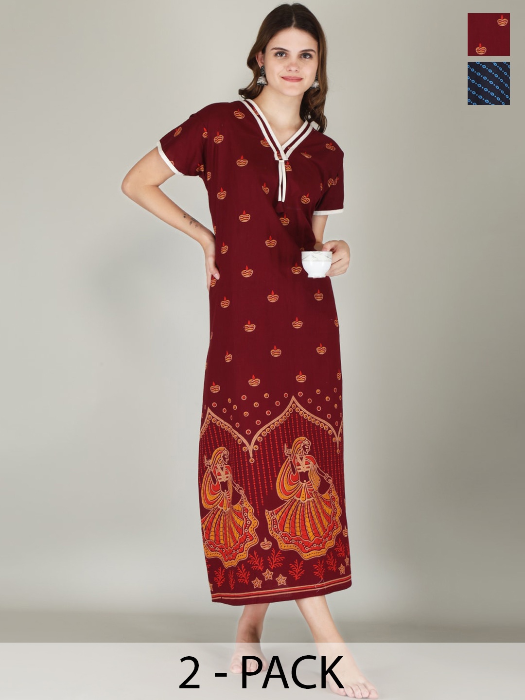 JVSP FASHION Pack of 2 Ethnic Motifs Printed V-Neck Pure Cotton Maxi Nightdress, Red
JVSP FASHION Pack of 2 Ethnic Motifs Printed V-Neck Pure Cotton Maxi Nightdress, Red