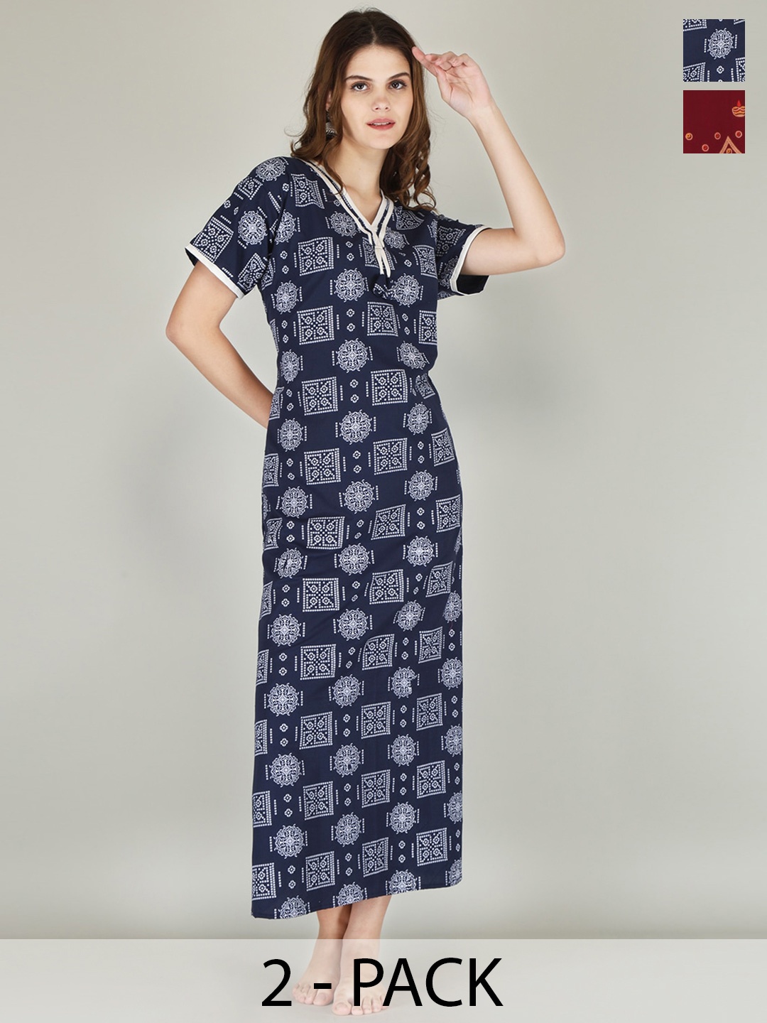 JVSP FASHION Pack Of 2 Ethnic Motifs Printed V-Neck Pure Cotton Maxi Nightdress, Navy blue
JVSP FASHION Pack Of 2 Ethnic Motifs Printed V-Neck Pure Cotton Maxi Nightdress, Navy blue