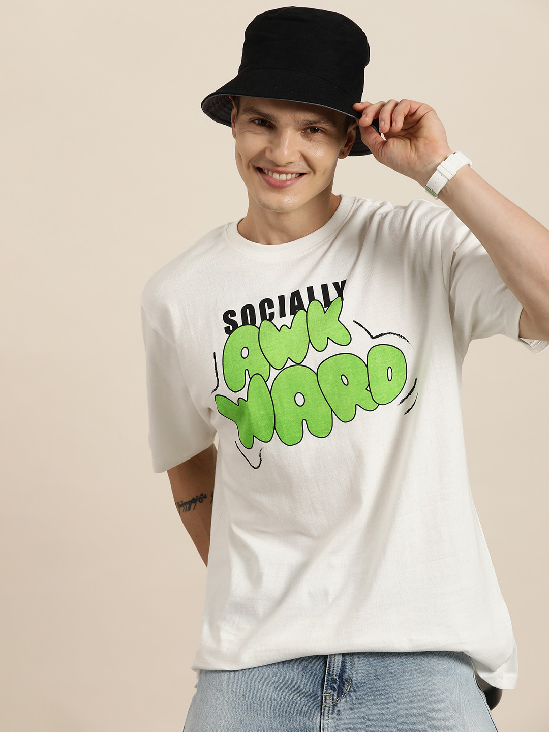 HERE&NOW Men Typography Printed Pure Cotton T-shirt, White 
HERE&NOW Men Typography Printed Pure Cotton T-shirt, White