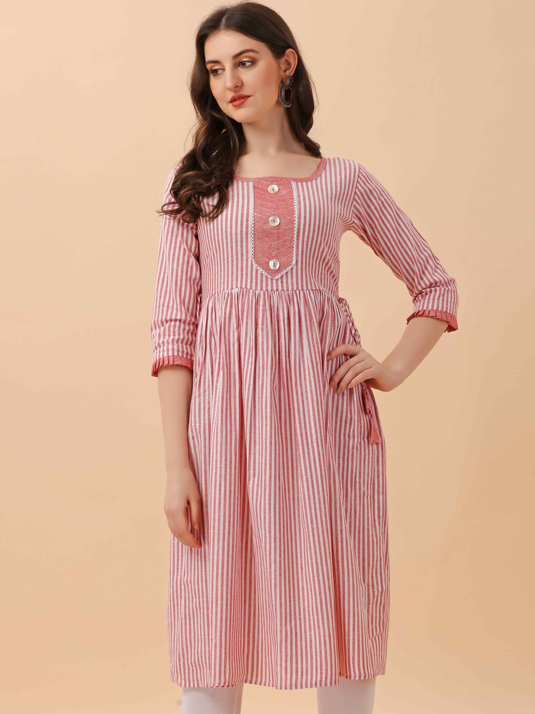 BerryBird Striped Round Neck Flared Sleeves Gathered Pure Cotton A-Line Kurta, Peach
BerryBird Striped Round Neck Flared Sleeves Gathered Pure Cotton A-Line Kurta, Peach