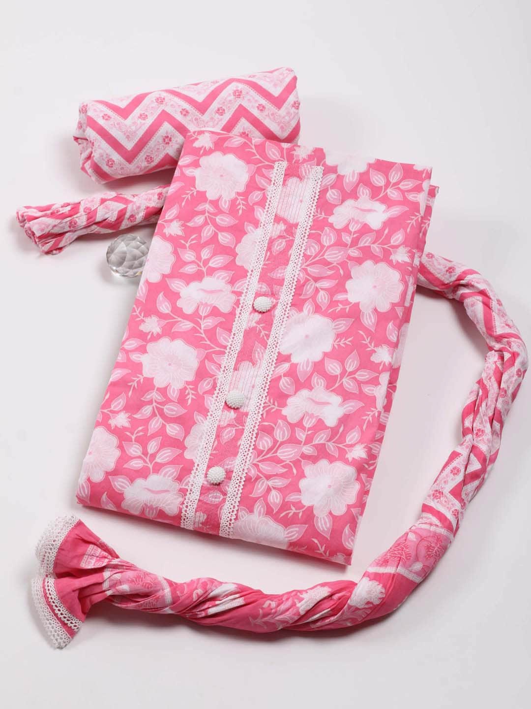 Meena Bazaar Floral Printed Unstitched Dress Material, Pink