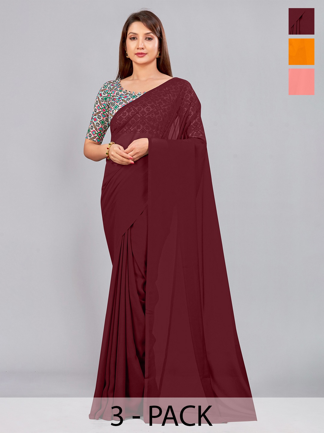 CastilloFab Selection of 3 Pure Georgette Saree, Maroon