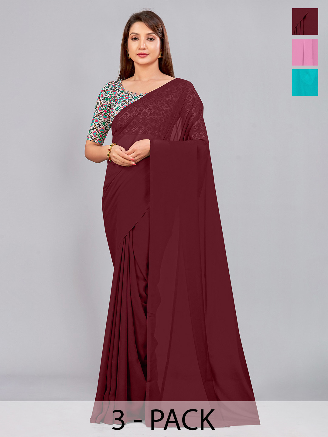 CastilloFab Selection of 3 Pure Georgette Saree, Maroon 
CastilloFab Selection of 3 Pure Georgette Saree, Maroon