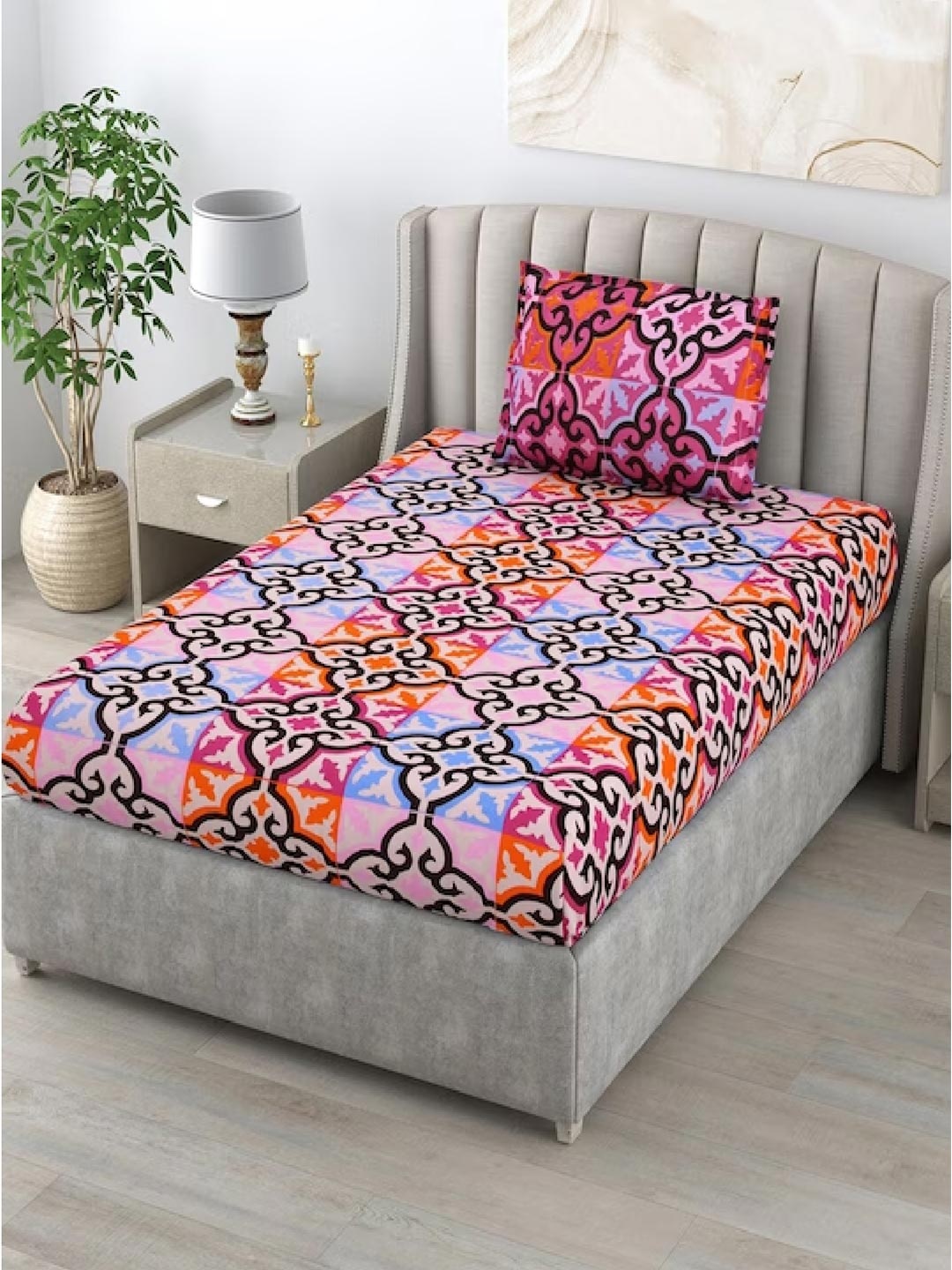BOMBAY DYEING Pink & Black Geometric Cotton 104 TC Single Bedsheet With 1 Pillow Cover
BOMBAY DYEING Pink & Black Geometric Cotton 104 TC Single Bedsheet With 1 Pillow Cover