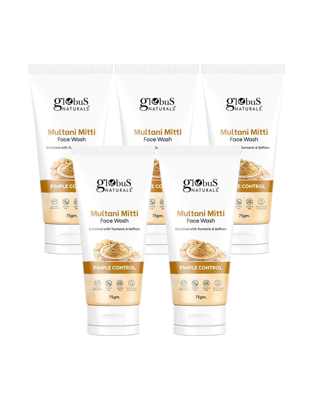 Globus naturals Set of 5 Multani Mitti Pimple Control Face Wash with Turmeric - 75 g each, Beige
Globus naturals Set of 5 Multani Mitti Pimple Control Face Wash with Turmeric - 75 g each, Beige
