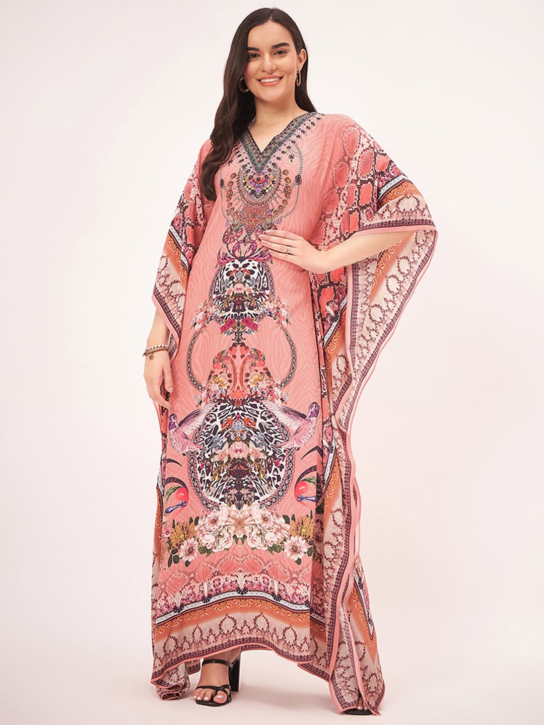 First Resort by Ramola Bachchan Ethnic Motifs Embellished V-Neck Crepe Kaftan Maxi Dress, Peach
First Resort by Ramola Bachchan Ethnic Motifs Embellished V-Neck Crepe Kaftan Maxi Dress, Peach