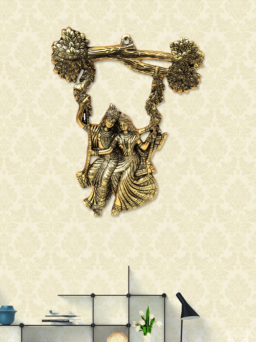 HANDICRAFTS PARADISE Gold Toned Radha Krishna Carved Antique Metal Wall Hanging Decor
HANDICRAFTS PARADISE Gold Toned Radha Krishna Carved Antique Metal Wall Hanging Decor