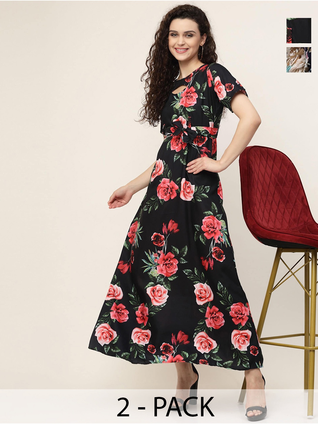 MISS AYSE Pack Of 2 Floral Printed Round Neck Flared Sleeve Georgette Maxi Dress, Black
MISS AYSE Pack Of 2 Floral Printed Round Neck Flared Sleeve Georgette Maxi Dress, Black