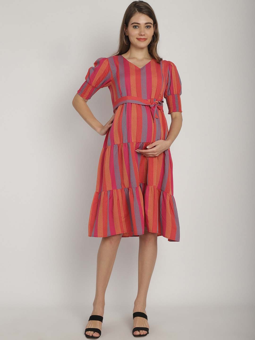 Moms Maternity Striped Puff Sleeves Tiered Organic Cotton Maternity A-Line Dress, Pink
Moms Maternity Striped Puff Sleeves Tiered Organic Cotton Maternity A-Line Dress, Pink