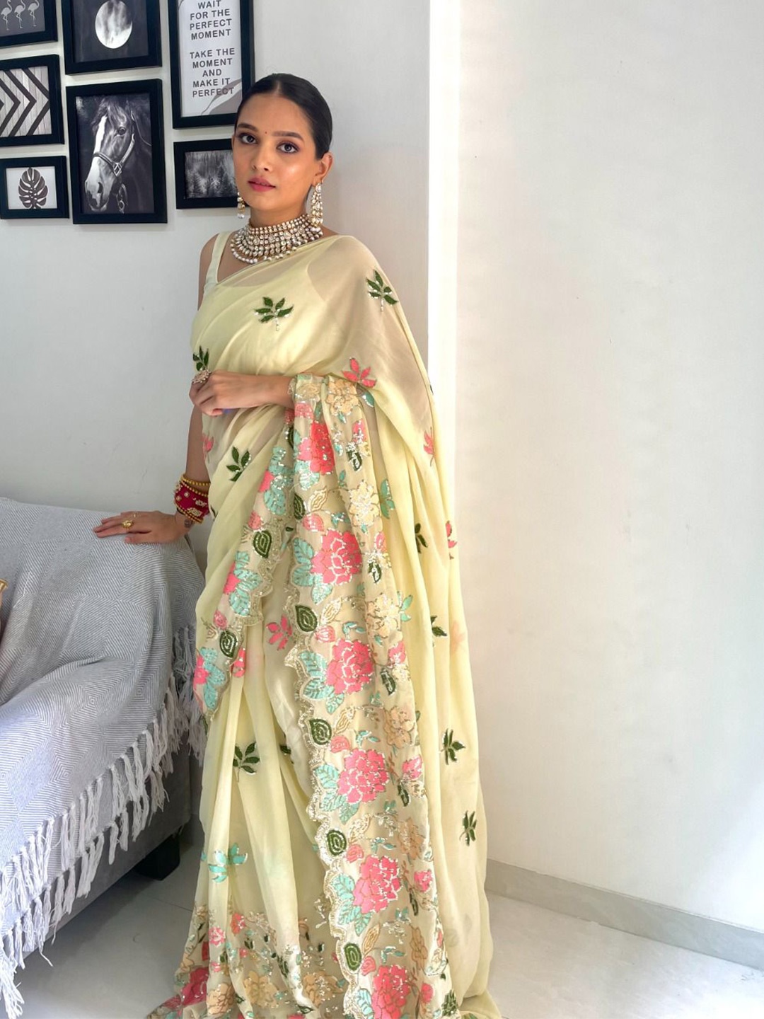 RadadiyaTRD Floral Embroidered Sequinned Pure Georgette Saree, Cream