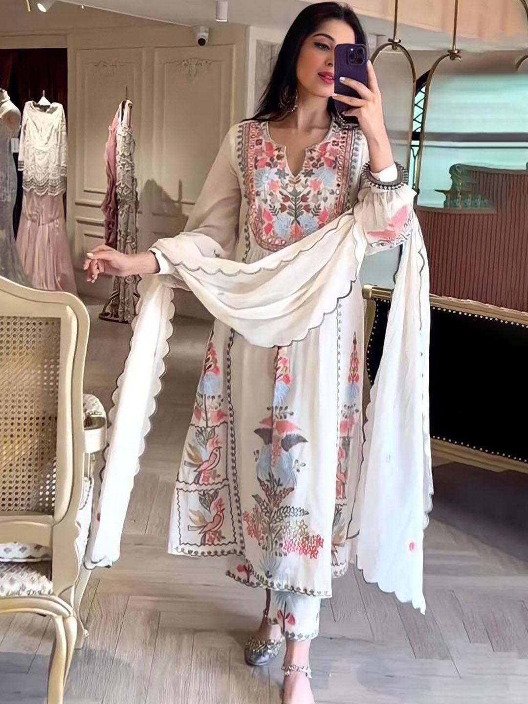 KALINI Floral Embroidered Thread Work Silk Georgette Kurta With Trousers & Dupatta, White
KALINI Floral Embroidered Thread Work Silk Georgette Kurta With Trousers & Dupatta, White