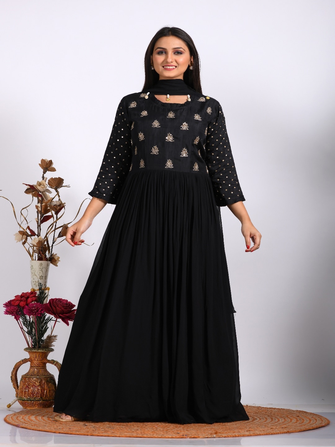 Morchari Ethnic Motifs Embroidered Georgette Gown Maxi Ethnic Dresses With Dupatta, Black
Morchari Ethnic Motifs Embroidered Georgette Gown Maxi Ethnic Dresses With Dupatta, Black