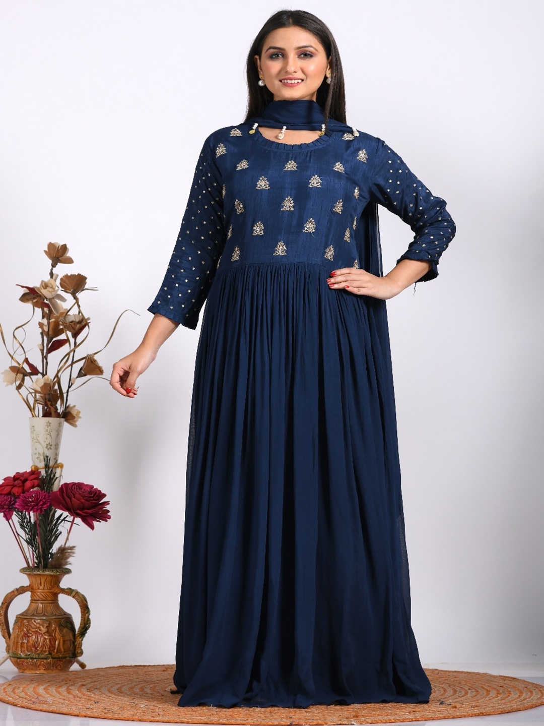 Morchari Ethnic Motifs Embroidered Pure Georgette Maxi Dress With Dupatta, Navy blue
Morchari Ethnic Motifs Embroidered Pure Georgette Maxi Dress With Dupatta, Navy blue