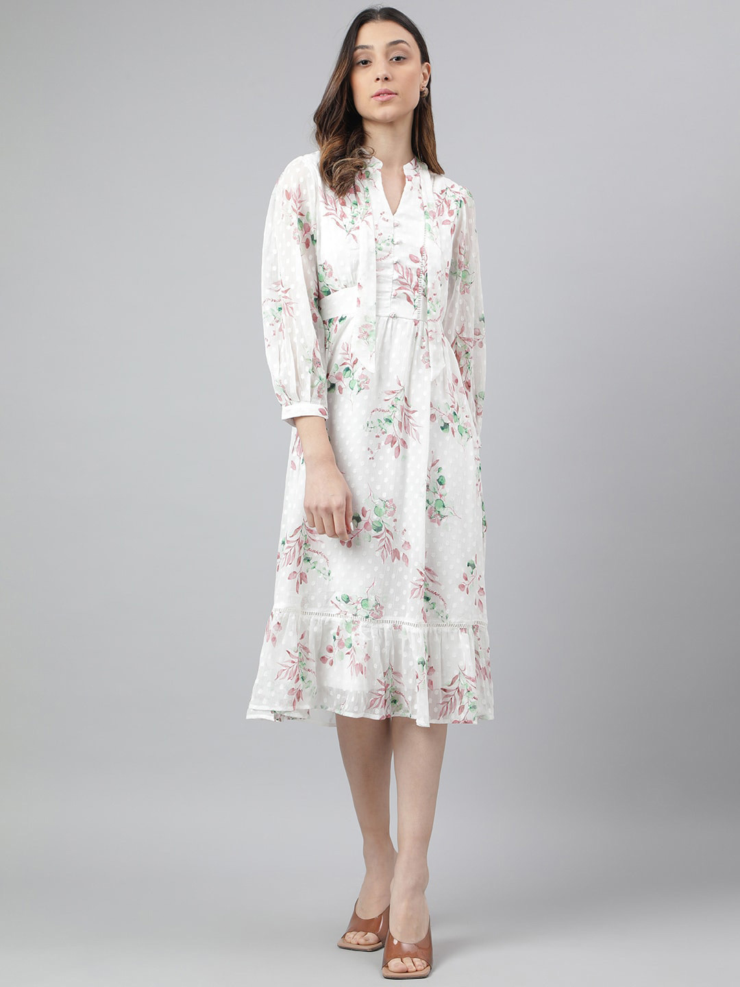 Latin Quarters Floral Printed Mandarin Collar Puff Sleeve Tie-Ups A-Line Midi Dress, Brown 
Latin Quarters Floral Printed Mandarin Collar Puff Sleeve Tie-Ups A-Line Midi Dress, Brown
