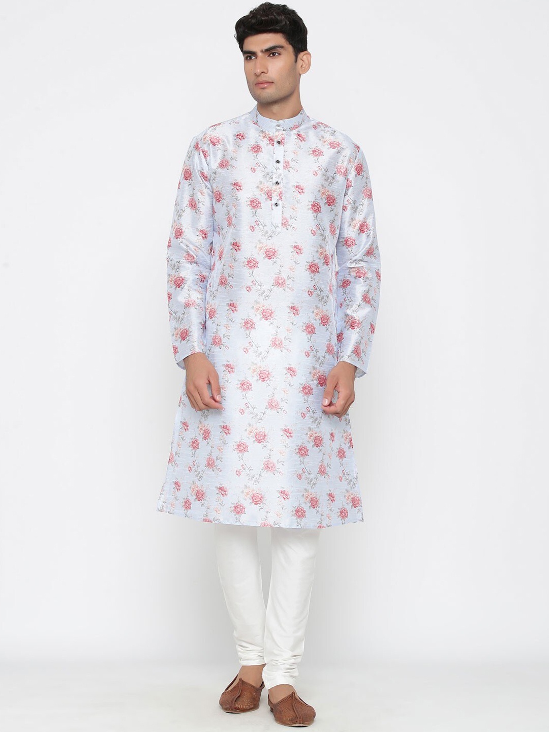 Mitera Blue Mandarin Collar Straight Kurta with Pyjamas