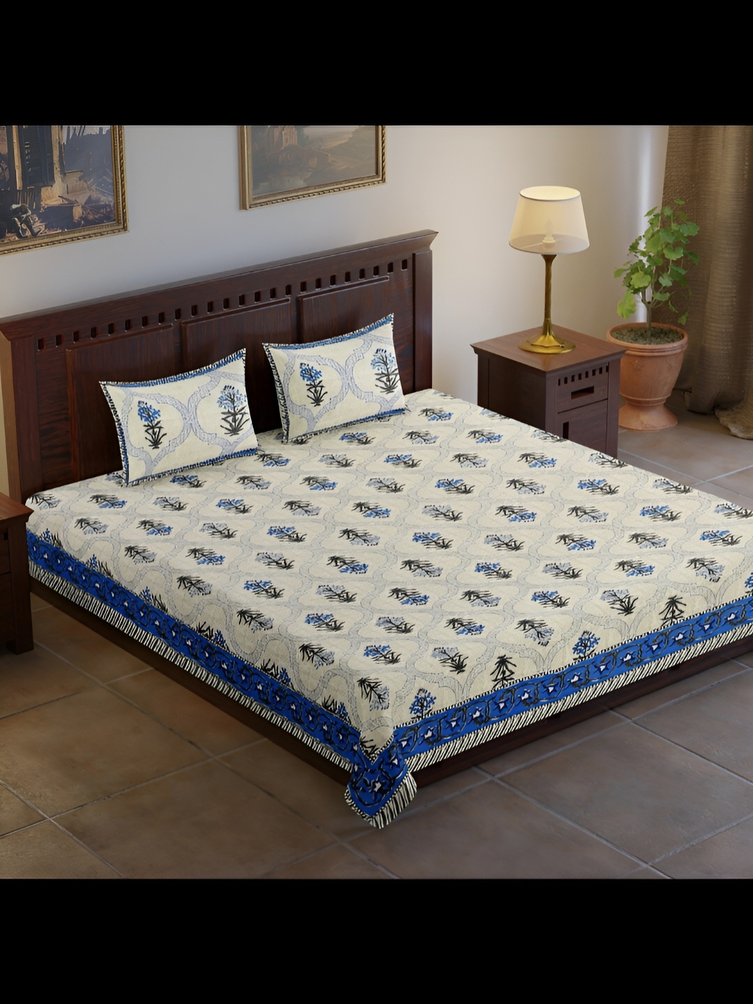 UBANIA COLLECTION Blue & Beige Printed Cotton 120 TC King Bedsheet With 2 Pillow Covers
UBANIA COLLECTION Blue & Beige Printed Cotton 120 TC King Bedsheet With 2 Pillow Covers