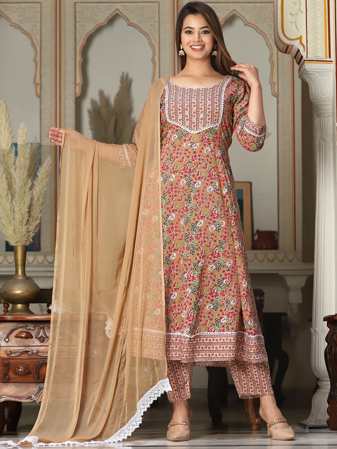 SINGNI Floral Printed Mirror Work Anarkali Kurta With Trousers & Dupatta, Brown
SINGNI Floral Printed Mirror Work Anarkali Kurta With Trousers & Dupatta, Brown