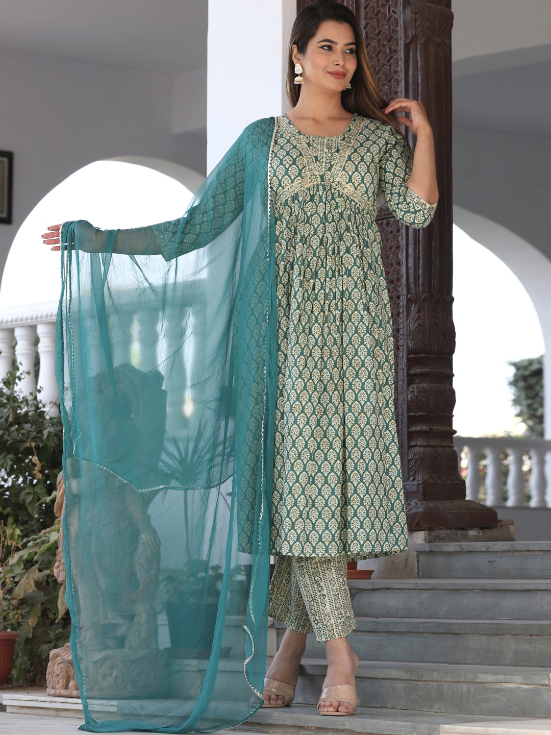 SINGNI Ethnic Motifs Printed Mirror Work Pure Cotton Kurta with Trousers & Dupatta, Green
SINGNI Ethnic Motifs Printed Mirror Work Pure Cotton Kurta with Trousers & Dupatta, Green