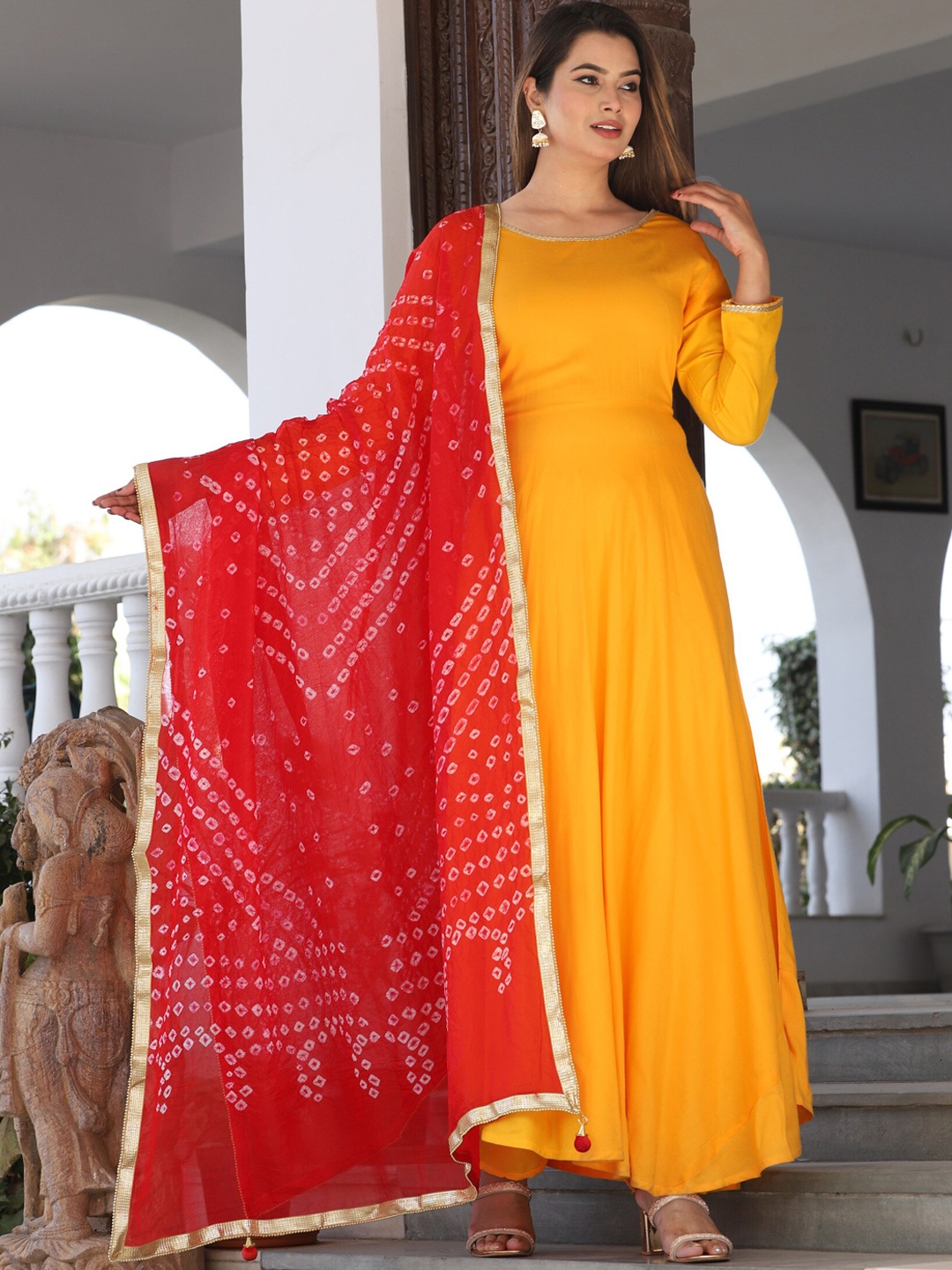 SINGNI Round Neck Gotta Patti Regular Anarkali Kurta With Trousers & Dupatta, Mustard
SINGNI Round Neck Gotta Patti Regular Anarkali Kurta With Trousers & Dupatta, Mustard
