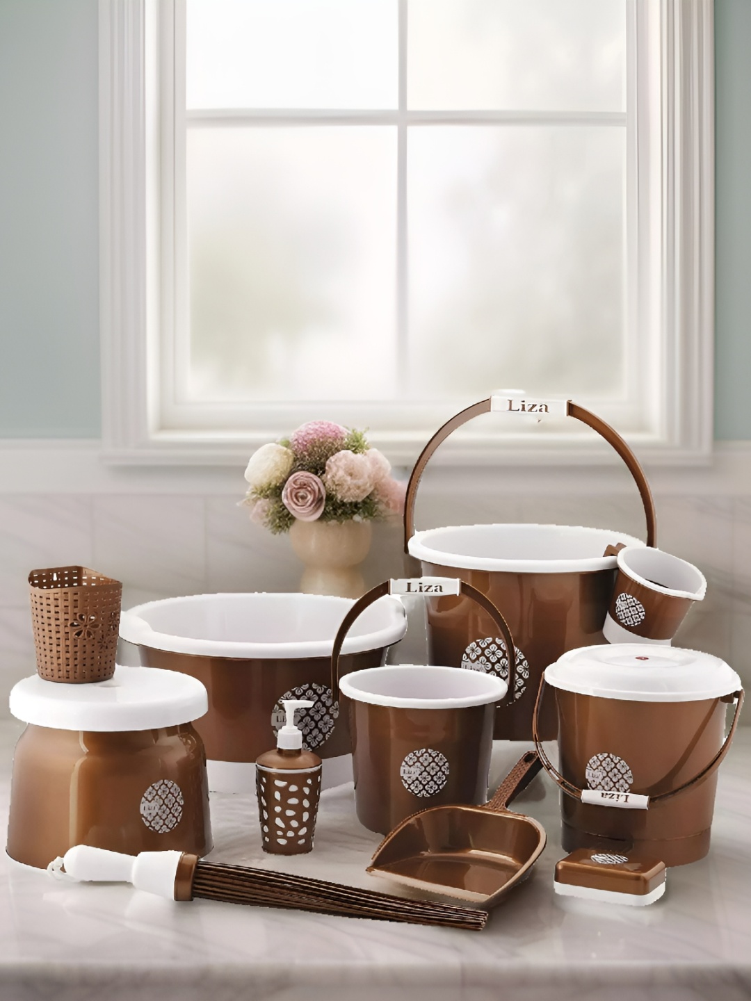 NABHYA Brown & Brown 10 piece Floral Plastic Bath Accessories Set