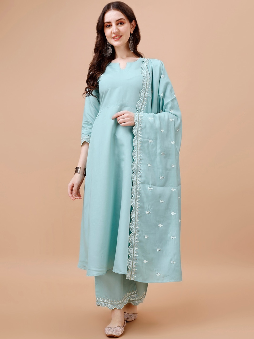 KALINI Ethnic Motifs Notched Neck Anarkali Kurta with Palazzos & Dupatta, Blue
KALINI Ethnic Motifs Notched Neck Anarkali Kurta with Palazzos & Dupatta, Blue