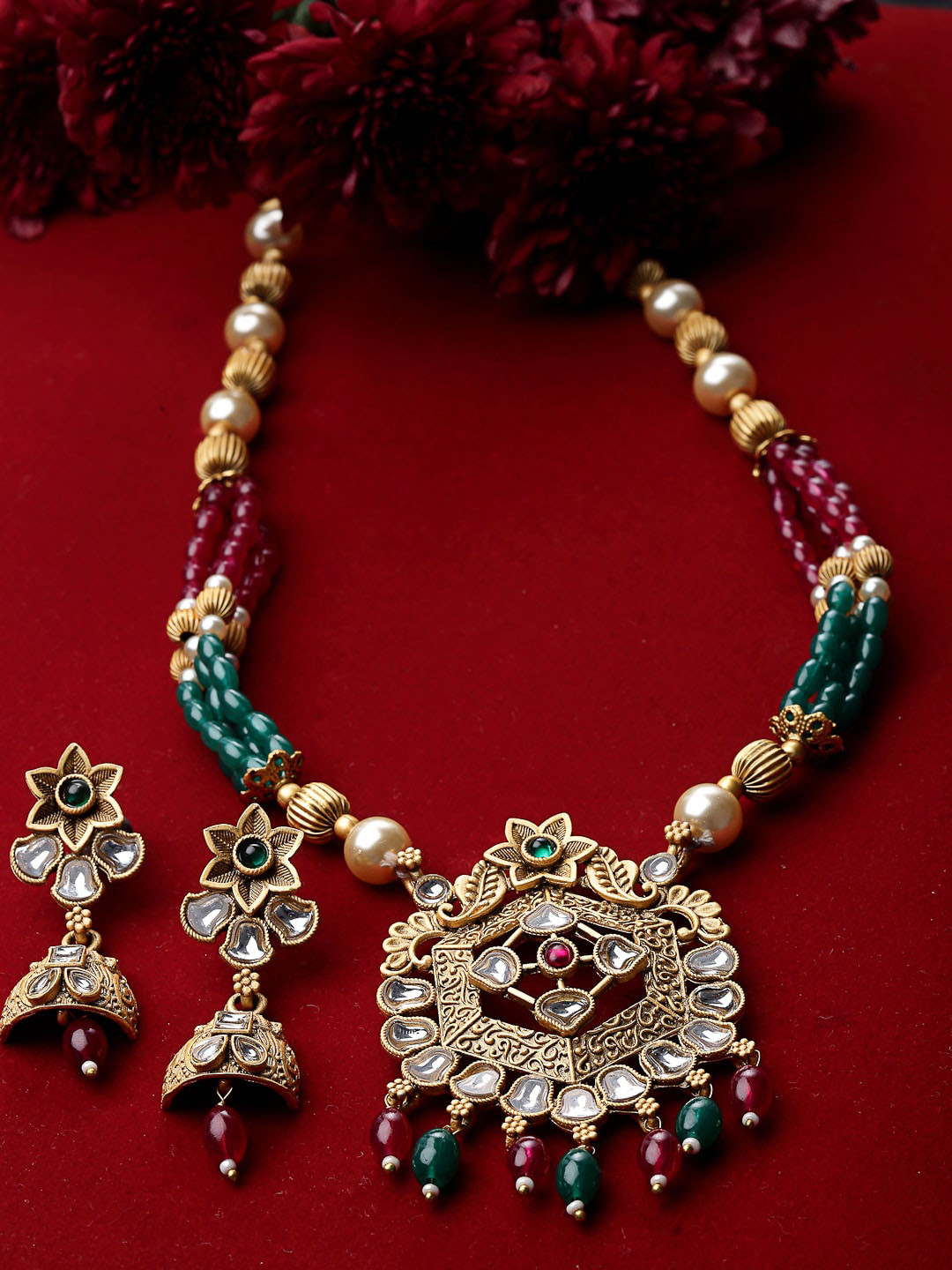 ADIVA Gold-Plated Stone-Studded & Beaded Jewellery Set
ADIVA Gold-Plated Stone-Studded & Beaded Jewellery Set