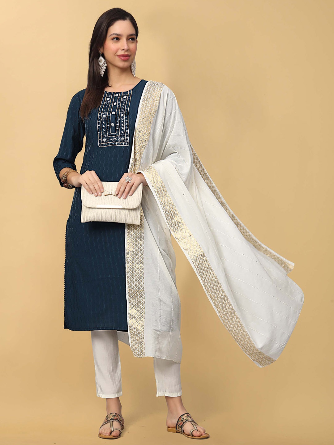 Punrwa Round Neck Geometric Yoke Design Kantha Work Raw Silk Kurta with Trousers & Dupatta, Blue
Punrwa Round Neck Geometric Yoke Design Kantha Work Raw Silk Kurta with Trousers & Dupatta, Blue