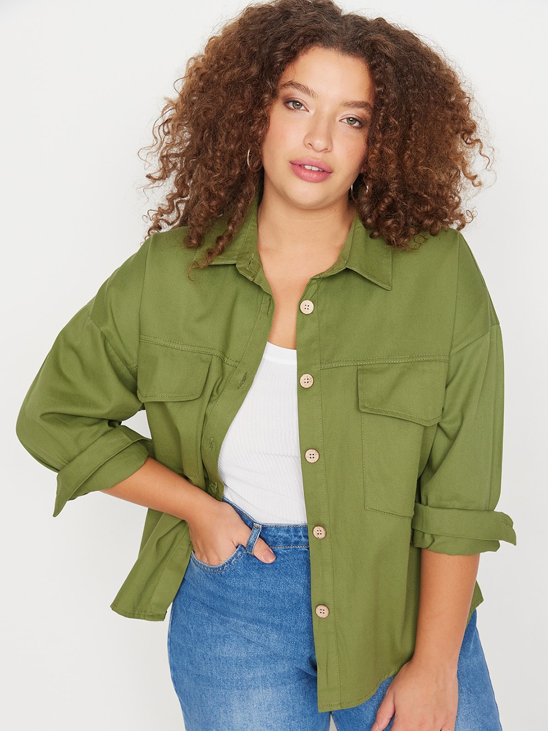 Trendyol Plus Size Spread Collar Drop-Shoulder Sleeves Casual Pure Cotton Shirt, Olive
Trendyol Plus Size Spread Collar Drop-Shoulder Sleeves Casual Pure Cotton Shirt, Olive