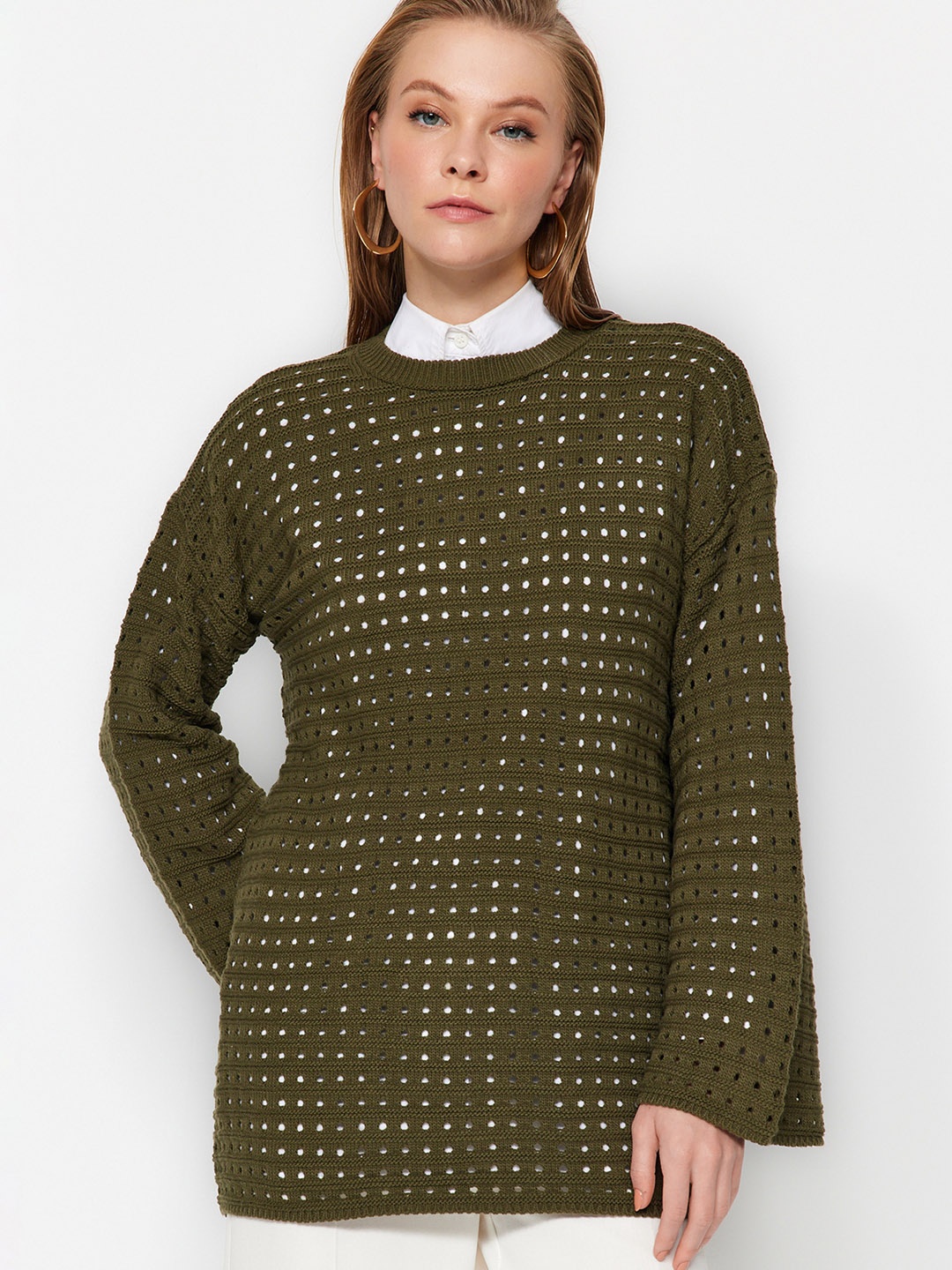 Trendyol Open Knit Pullover Sweater, Olive