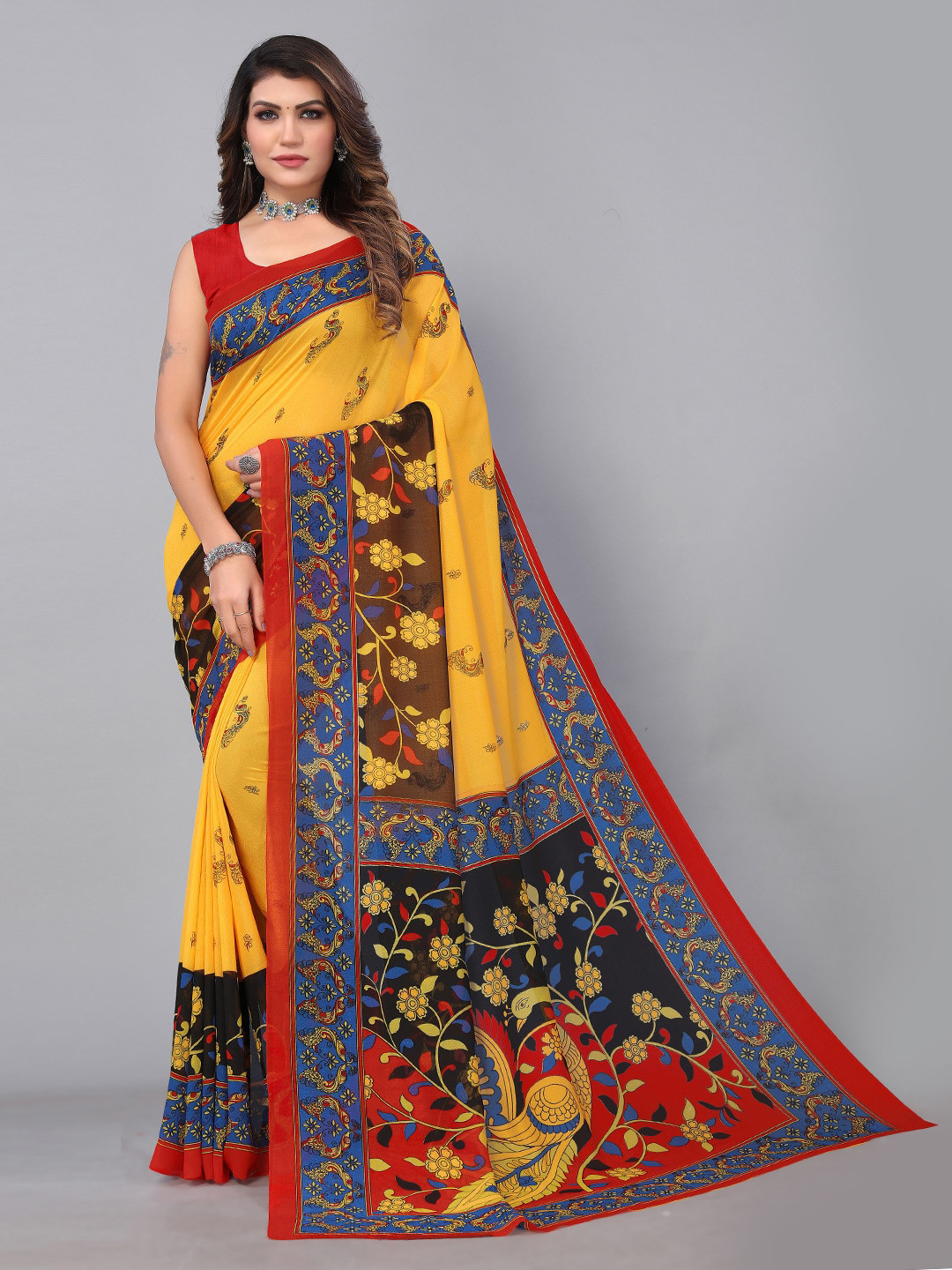 KALINI Ethnic Motifs Printed Brasso Saree, Yellow 
KALINI Ethnic Motifs Printed Brasso Saree, Yellow