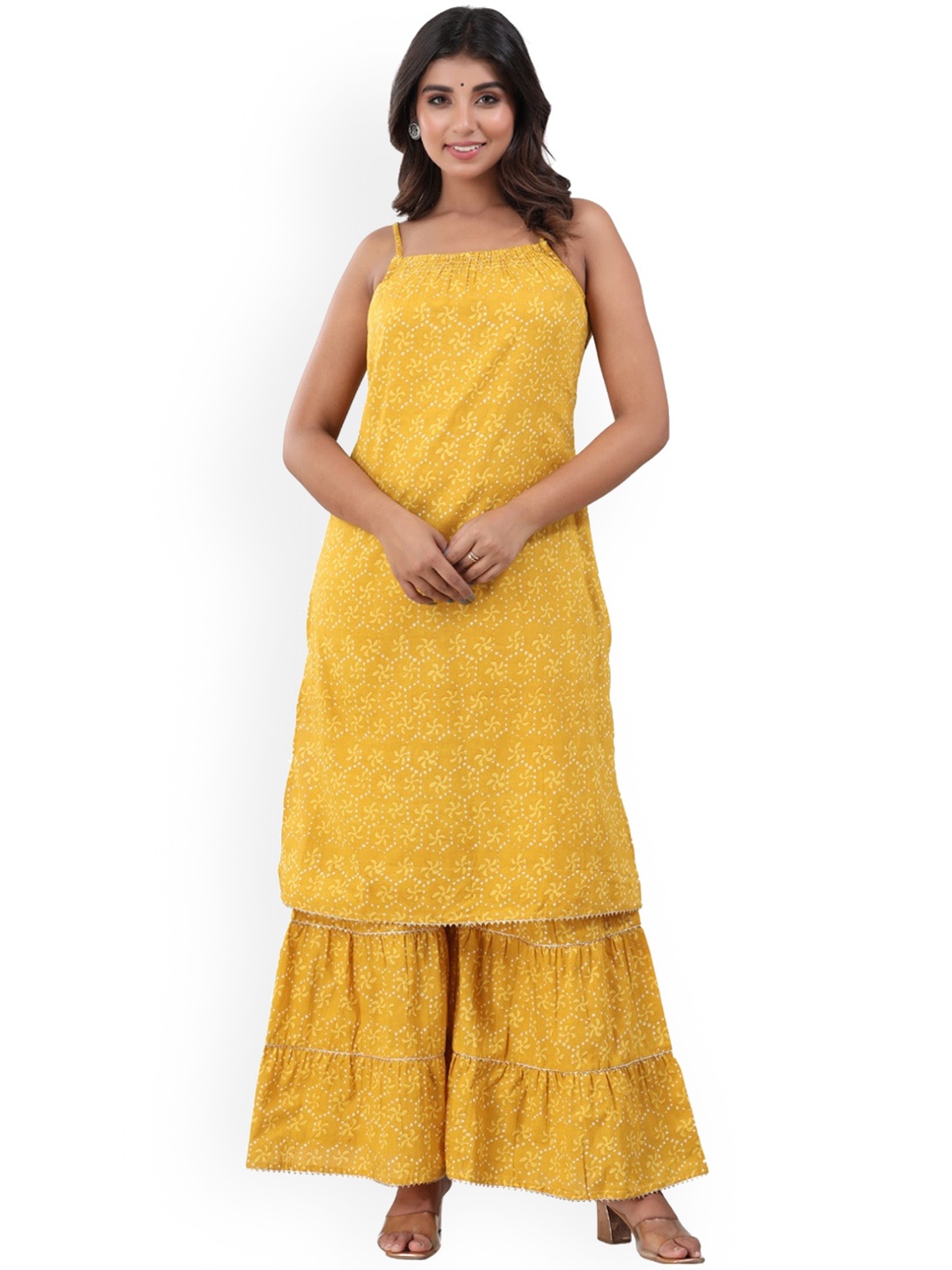 BAESD Floral Printed Regular Gotta Patti Pure Cotton Shoulder Straps Kurta with Sharara, Yellow
BAESD Floral Printed Regular Gotta Patti Pure Cotton Shoulder Straps Kurta with Sharara, Yellow