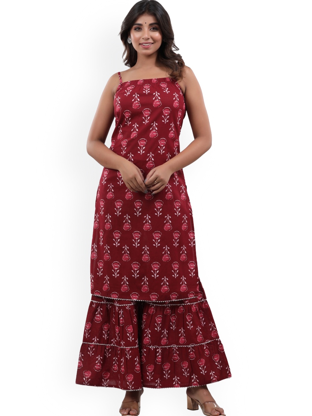 BAESD Shoulder Straps Floral Printed Pure Cotton Gotta Patti Straight Kurta with Sharara, Maroon
BAESD Shoulder Straps Floral Printed Pure Cotton Gotta Patti Straight Kurta with Sharara, Maroon