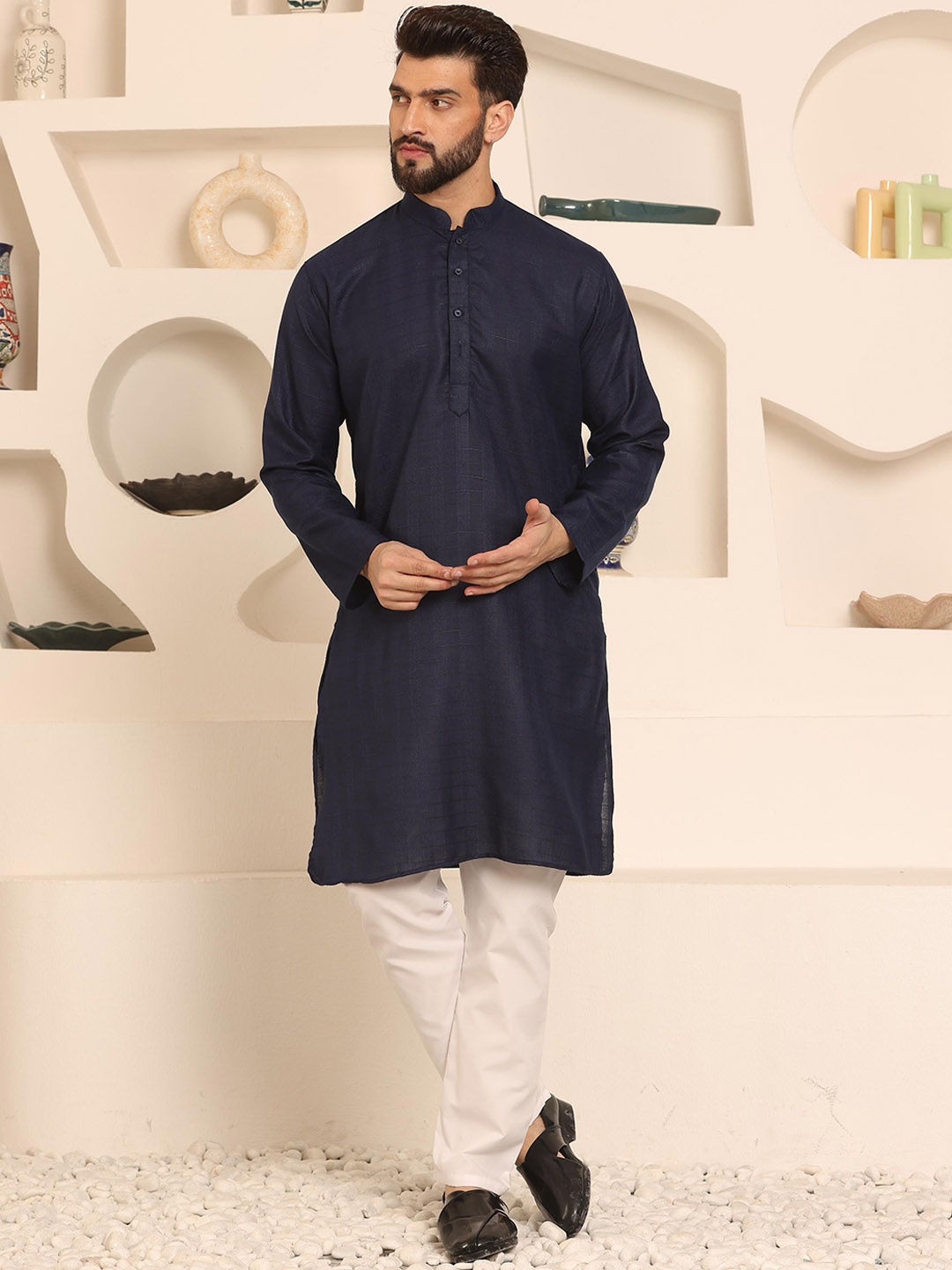 Armaan Ethnic Checked Woven Design Mandarin Collar Pure Cotton Straight Kurta With Pyjama, Navy blue
Armaan Ethnic Checked Woven Design Mandarin Collar Pure Cotton Straight Kurta With Pyjama, Navy blue