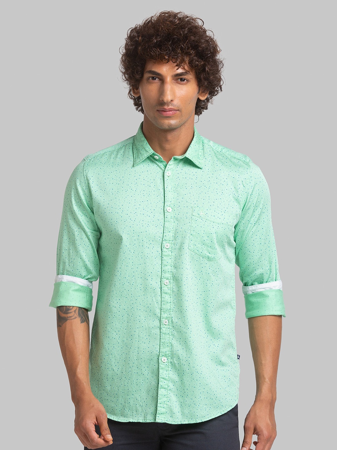 Parx Slim Fit Design Textured Long Sleeves Cotton Shirt, Green