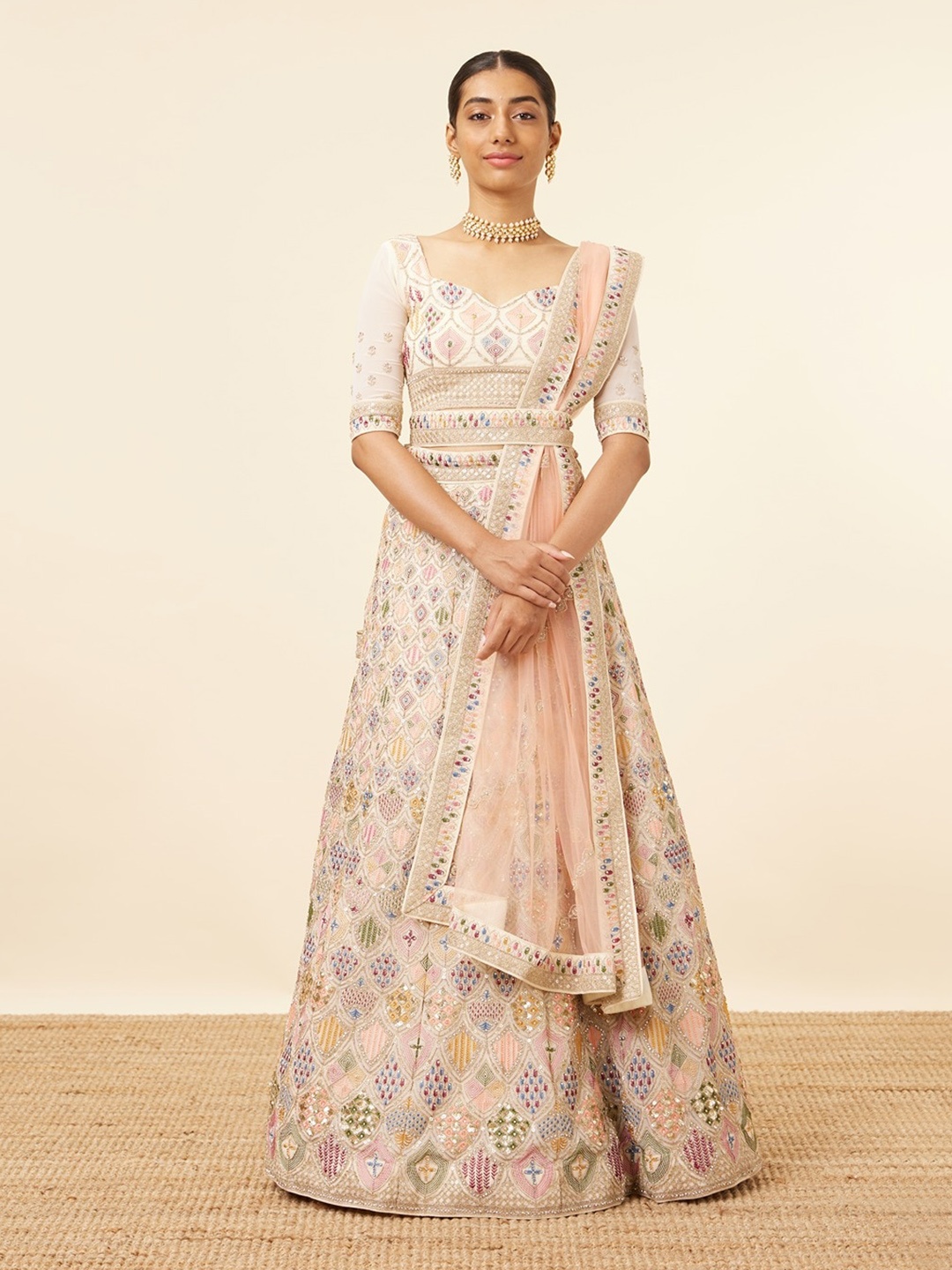 MOHEY Embroidered Mirror Work Semi-Stitched Lehenga & Unstitched Blouse With Dupatta, Cream
MOHEY Embroidered Mirror Work Semi-Stitched Lehenga & Unstitched Blouse With Dupatta, Cream